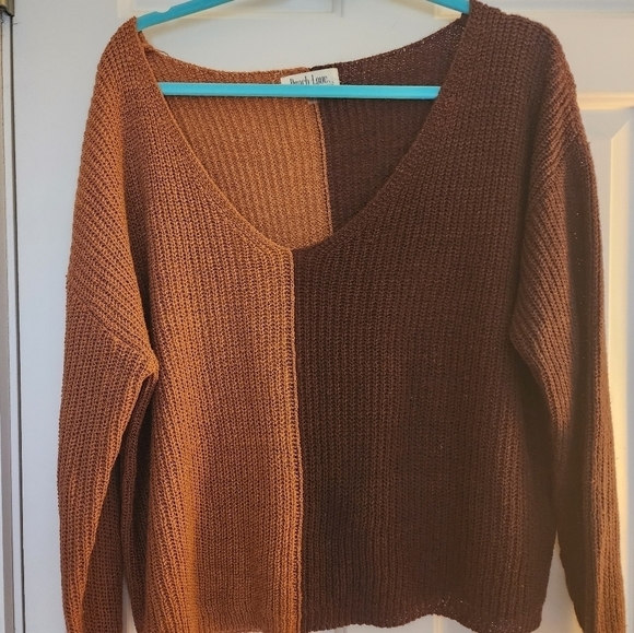 Peach Love Sweater Large vneck brown Colorblock boho - Picture 1 of 4